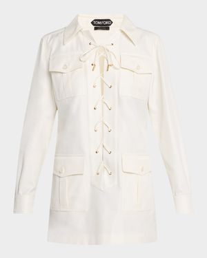 Lace-Up Twill Mini Safari Tunic Dress