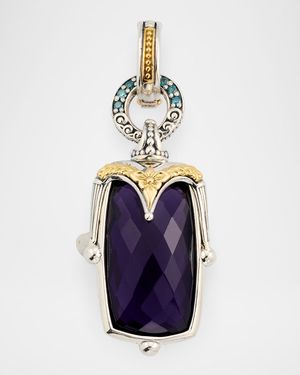 Sterling Silver and 18K Yellow Gold Pendant with Blue Diamonds and Dark Amethyst Quartz