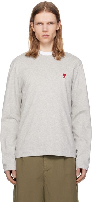 AMI Paris Gray Cotton Ami de Coeur Long Sleeves T-shirt