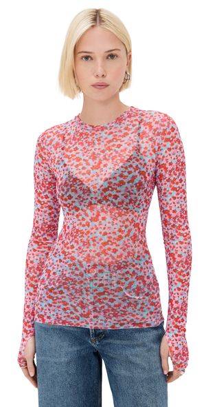 AFRM Kaylee Mesh Crewneck Top Red Ditsy S