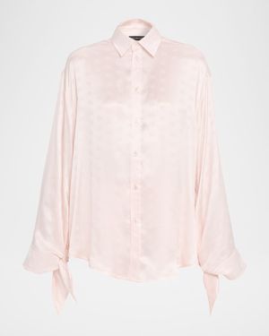 Knotted-Cuff Silk Jacquard Button-Down Blouse