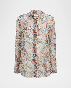 Goya Floral Silk Chiffon Button-Down Top