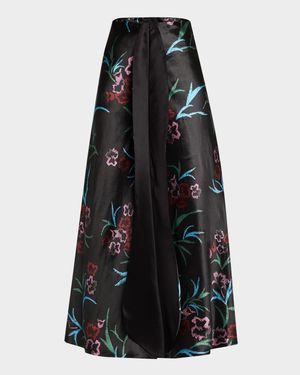Floral Printed Maxi Silk Skirt with Pleated Center Panel