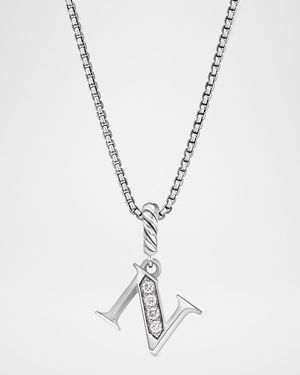 Pave Initial Pendant Necklace with Diamonds in Silver, 17mm