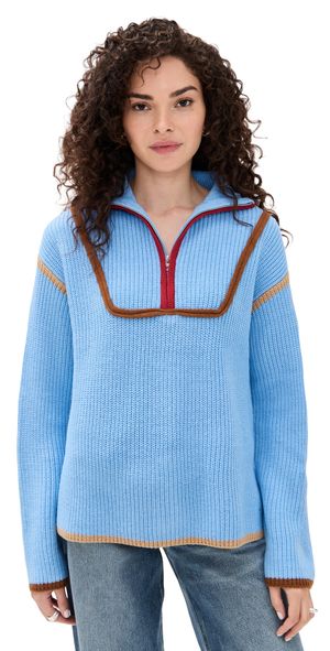 English Factory Contrast Piping Quarter Zip Sweater Ocean Blue Multi XL