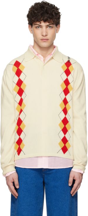 Marni Polo à manches longues blanc cassé à motif argyle en intarsia