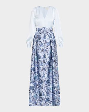 Zoe Satin Crepe & Floral-Print Mikado Gown