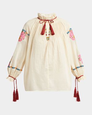 Floral Embroidered Pintuck Blouse