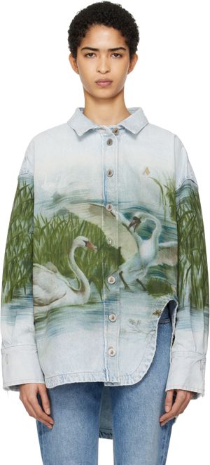 The Attico Blue Swan Print Denim Shirt