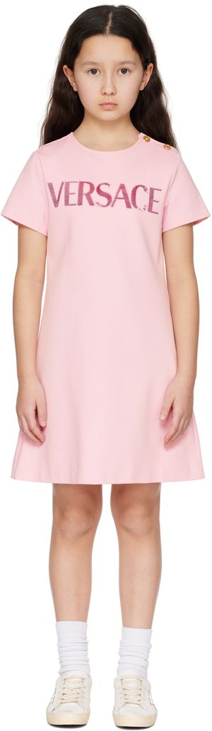 Versace Kids Pink Embellished 'Versace' Logo Dress