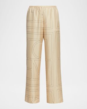 Monogram Silk Straight-Leg Ankle Pajama Pants