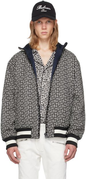 Balmain Black & Off-White Monogram Reversible Bomber Jacket