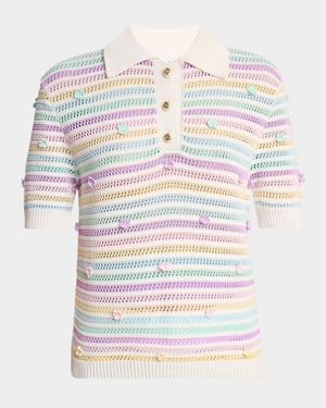 Flower Striped Crochet Short-Sleeve Polo Shirt