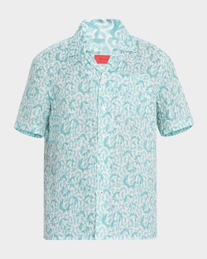 Men's Linen Coral-Print Camp Shirt