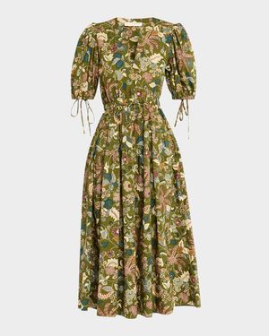 Adriana Puff-Sleeve V-Neck Midi Dress