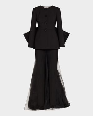 Open-Back Collarless Jacket With Removable Bow