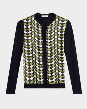 Geo-Print Silk Insert Crewneck Cardigan