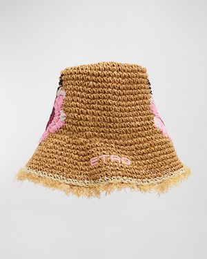 Floral Embroidered Logo Paper Straw Bucket Hat