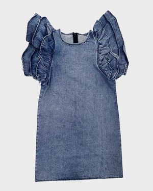 Girl's Ruffle-Sleeve Denim Shift Dress, Size 2-14