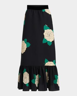 Ortensia-Print Crepe Ruffle Ankle Skirt