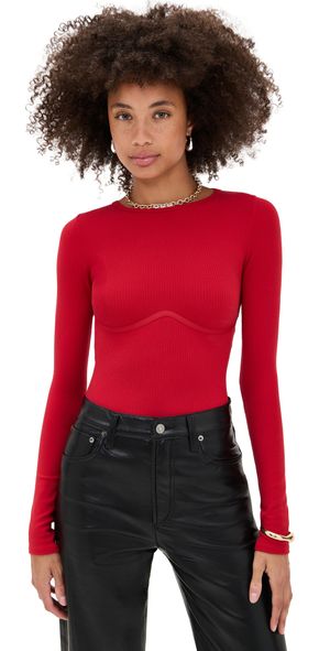 Fleur du Mal Hourglass Rib Long Sleeve Thong Bodysuit Rouge XS