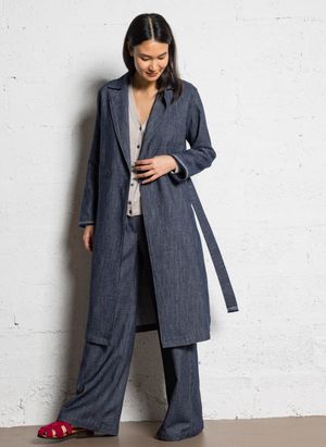 Diega - Manteau large ceinturé en denim brut - Taille L - Bleu