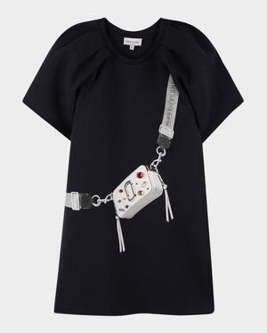 Girl's Jeweled Handbag Trompe L'oeil Short-Sleeve Dress, Size 4-6