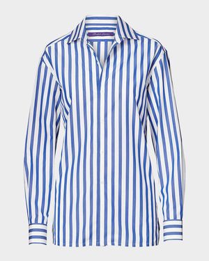 Capri Striped Cotton Blouse, White