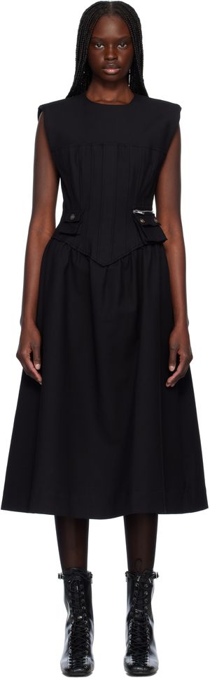 GANNI Black Heavy Cotton Corset Midi Dress