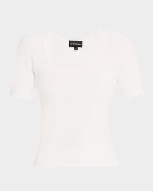 Scalloped Scoop-Neck Stretch Milano Blouse