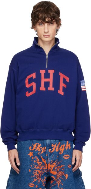 Sky High Farm Workwear Blue 'SHF' Quarter Zip Sweater