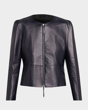 x The Morning Show Puff-Shoulder Leather Jacket