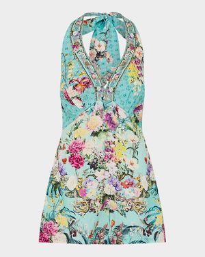 Gardens of Queluz Button-Front Halter Playsuit