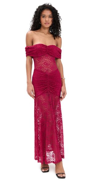 Runaway the Label Vaneya Off Shoulder Lace Maxi Dress Berry M