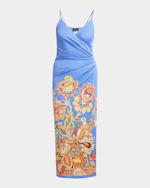 Bouquet-Print Draped Jersey Midi Dress