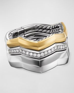 Zig Zag Stax Three Row Ring with Diamonds in 18K Gold and Silver, 11mm