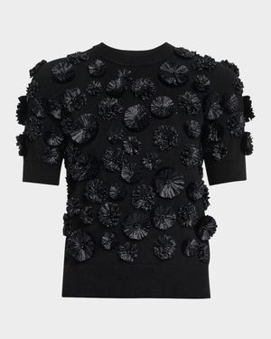 Floral Embroidered Short-Sleeve Cashmere Sweater