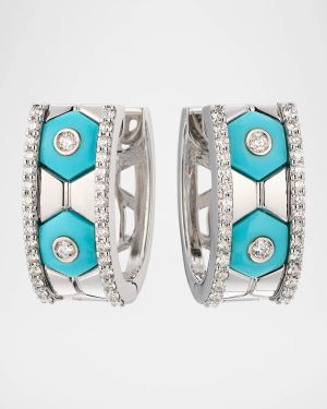 18K White Gold Diamond and Turquoise Hoop Earrings