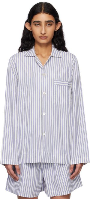 Tekla White & Blue Poplin Long-Sleeved Pyjama Shirt