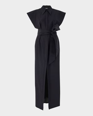 Cap-Sleeve Belted Column Trench Gown