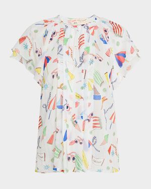 Nautical-Print Flutter Short-Sleeve Silk Blouse