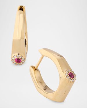 14K Yellow Gold Rectangle Small Diamond and Sapphire Huggie Earrings