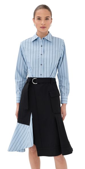 3.1 Phillip Lim Flounce Skirt Long Sleeve Combo Shirt Dress Black-Oxford Blue Multi 12