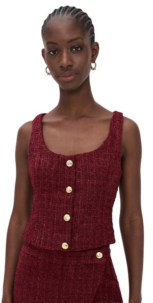 endless rose Tweed Scoop Neck Buttoned Top Merlot S