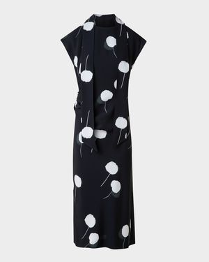 Windflower-Print Cap-Sleeve Crepe Midi Dress With Detachable Bow