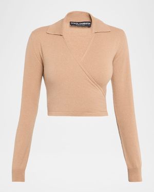 Long-Sleeve Crop Wrap Polo Sweater