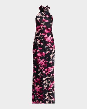 Tatiana Floral-Print Halter Column Gown