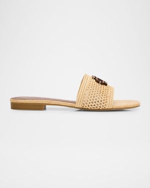Delphi Raffia Monogram Flat Slide Sandals