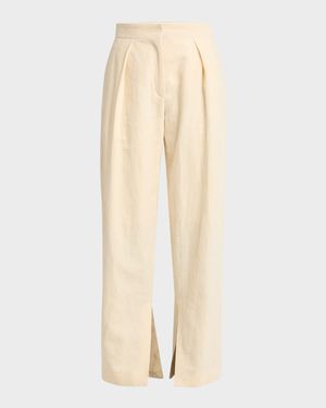 Pleated Wide-Leg Hem-Slits Trousers