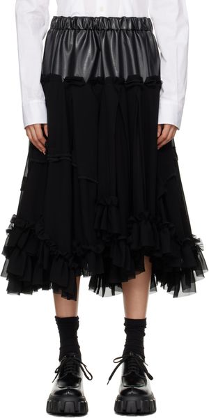 Comme des Garçons Jupe midi noire en georgette à panneau en cuir synthétique
